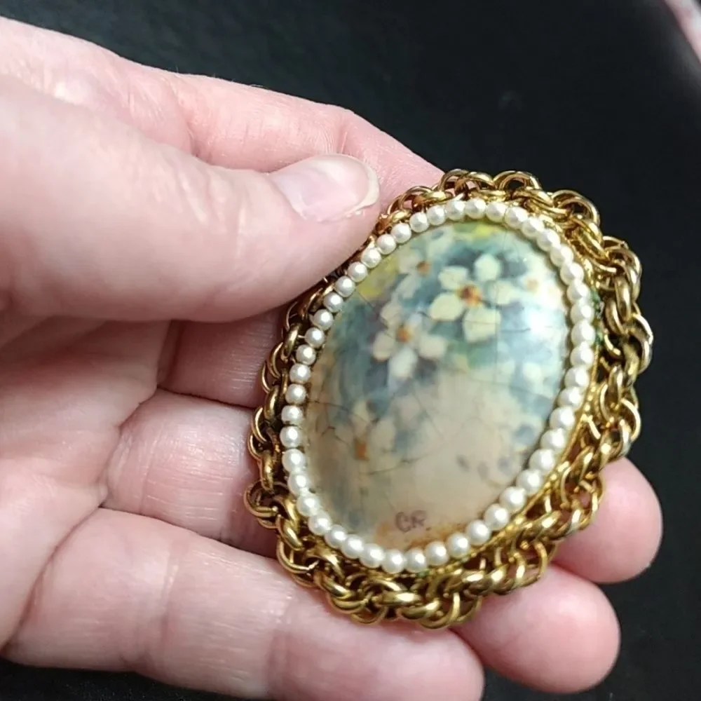 Handmade vintage painted egg brooch